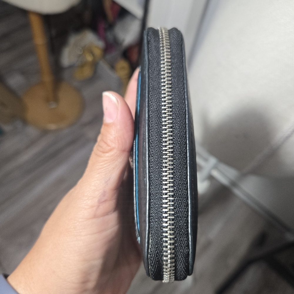 Coach Black Leather Small Wallet with Teal Stitching - Picture 7 of 13